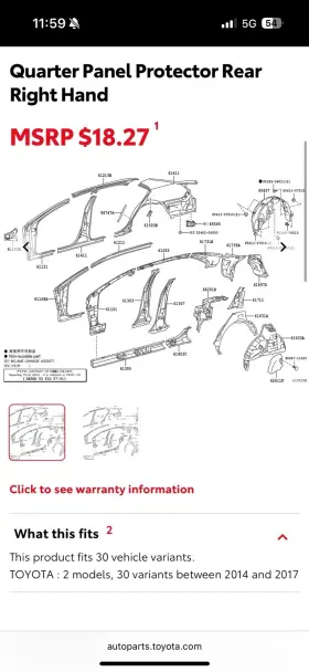 58747-06100 Toyota 58747-06110 Genuine Quarter Panel Protector